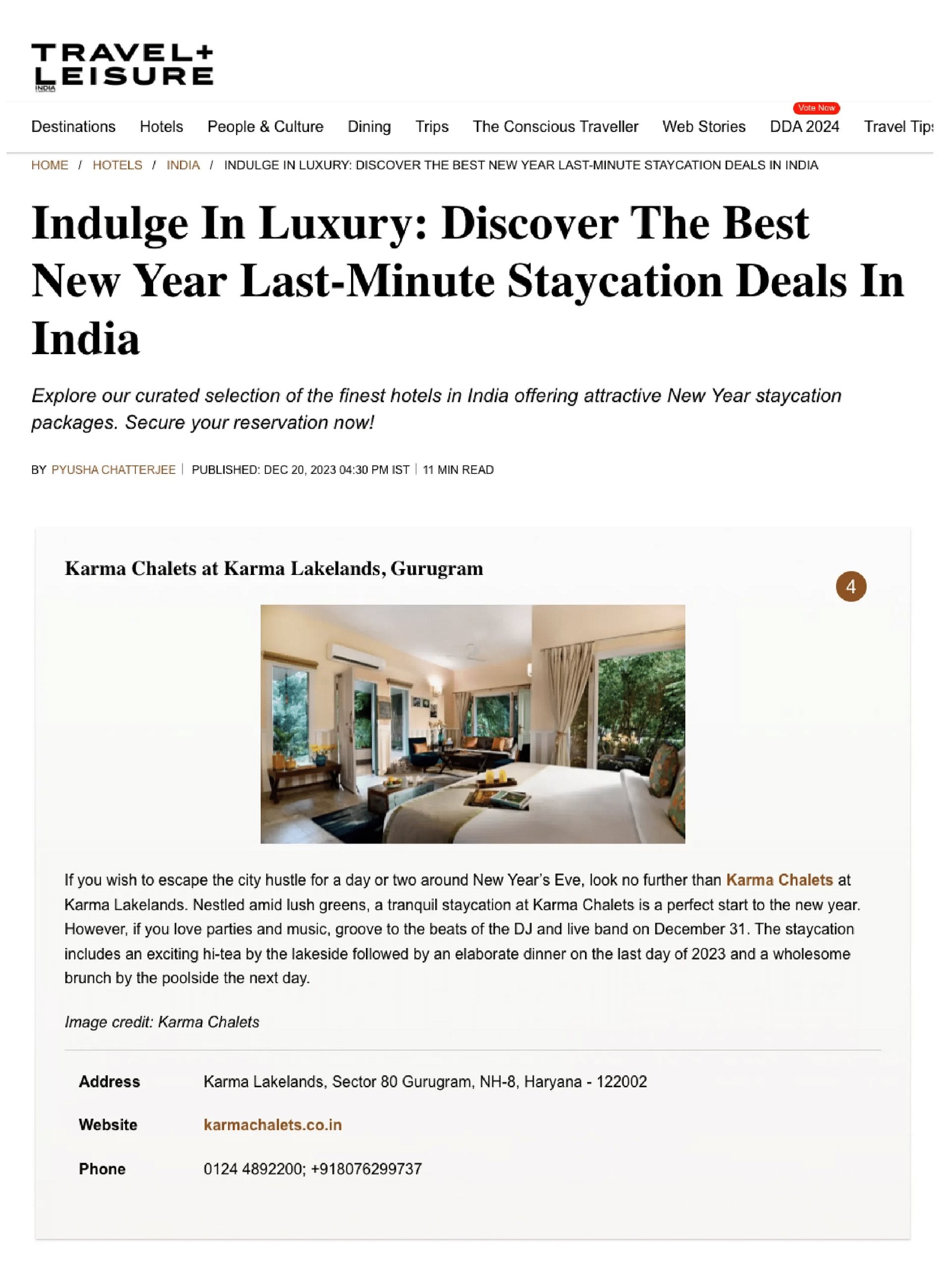 Screenshot of a Travel  and Leisure article featuring  a room at Karma Chalets, and details about a New Year stay cation package.