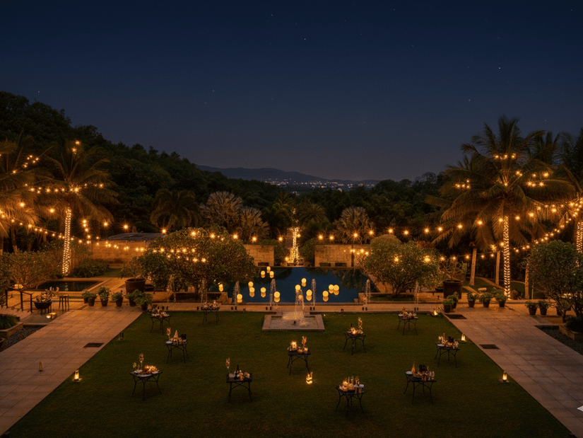 Outdoor lawn at The Serai set up with festive string lights for a New Year's Eve gala.