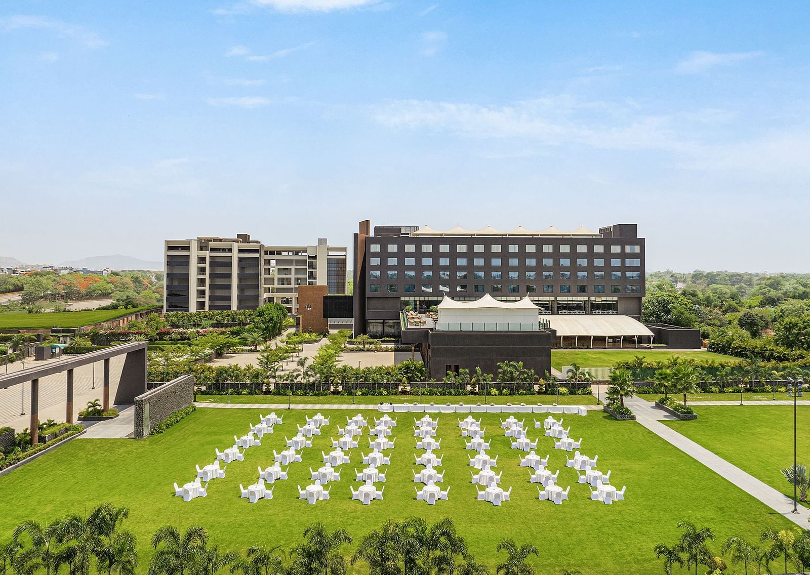 Aerial view of seating arrangement at Orion Lawn at Essentia Luxury Hotel, Indore 
