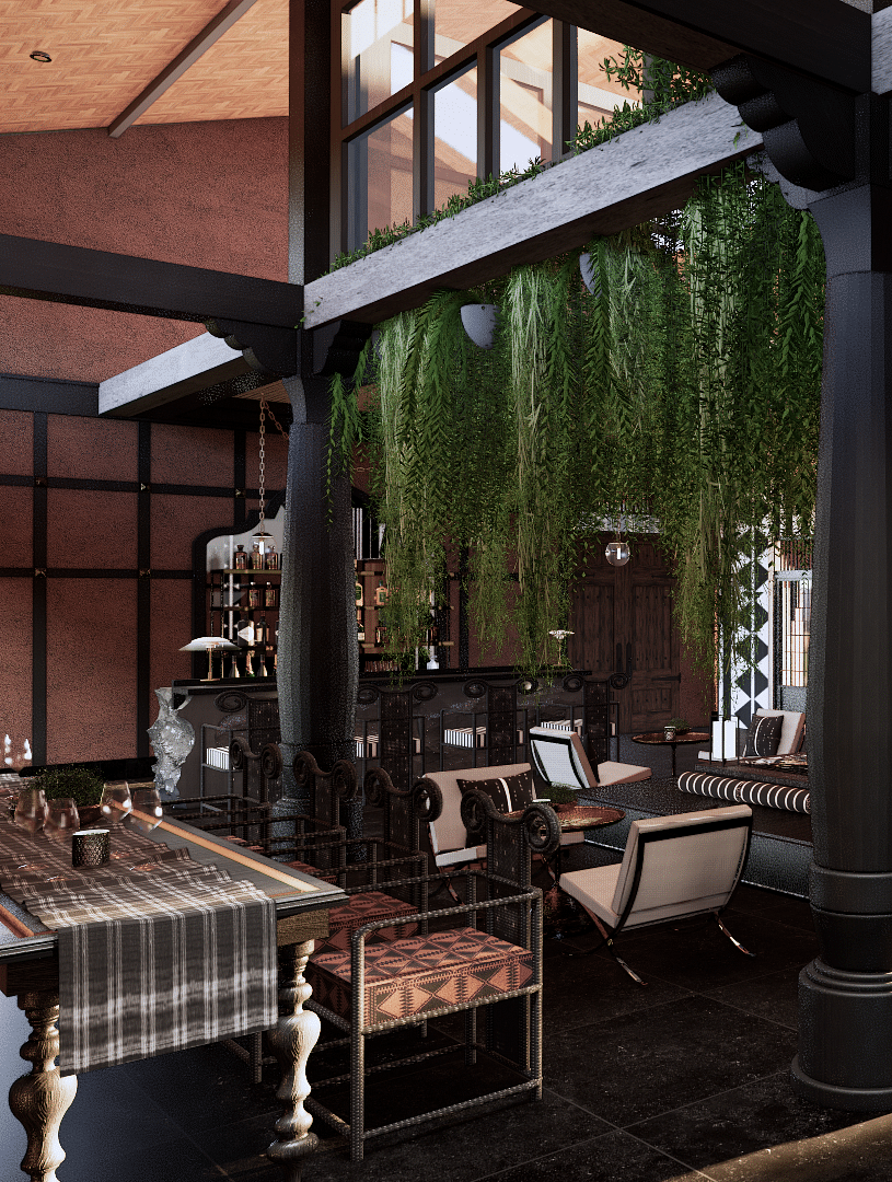 A lounge area with seating, hanging plants, patterned walls, and a bar counter in the distance - Rhino and River BluSalzz Collection, Pobitora