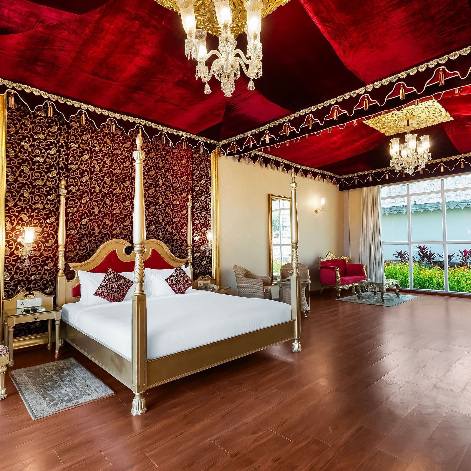 An overview of a room with a double bed, side tables and lamps seen - Rajasthali Resort & Spa, Jaipur.