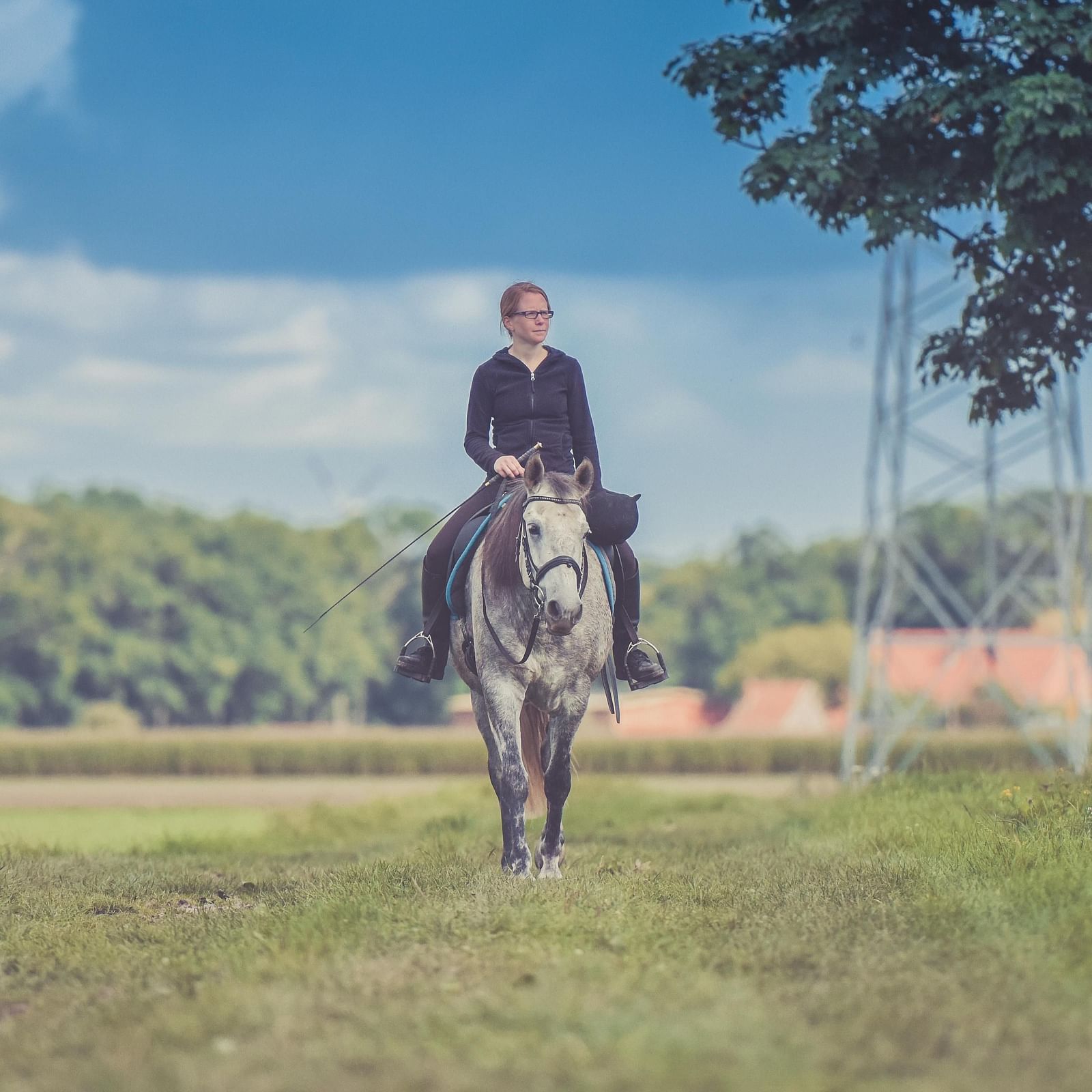 a woman riding a horse in a ground