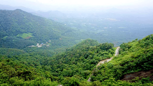 A wide-angle view of a hairpin curve on a road snaking through dense tropical forests and rolling hills.