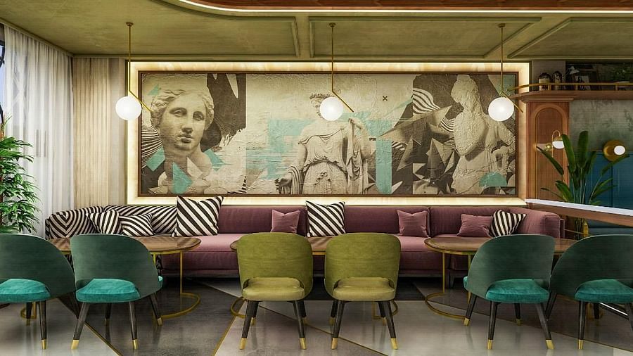 An image of a restaurant at Themis Barbecue House, Panipat featuring sofa and chairs with centre tables 