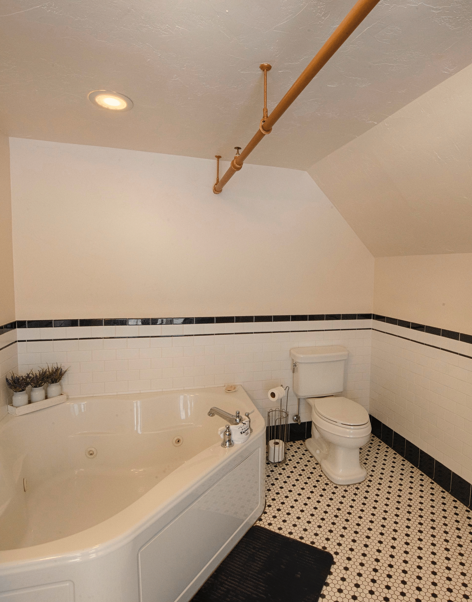 full view image of the bathroom featuring a bathtub along with a commode and a small utility rack in the corner - Historic Tapoco Lodge
