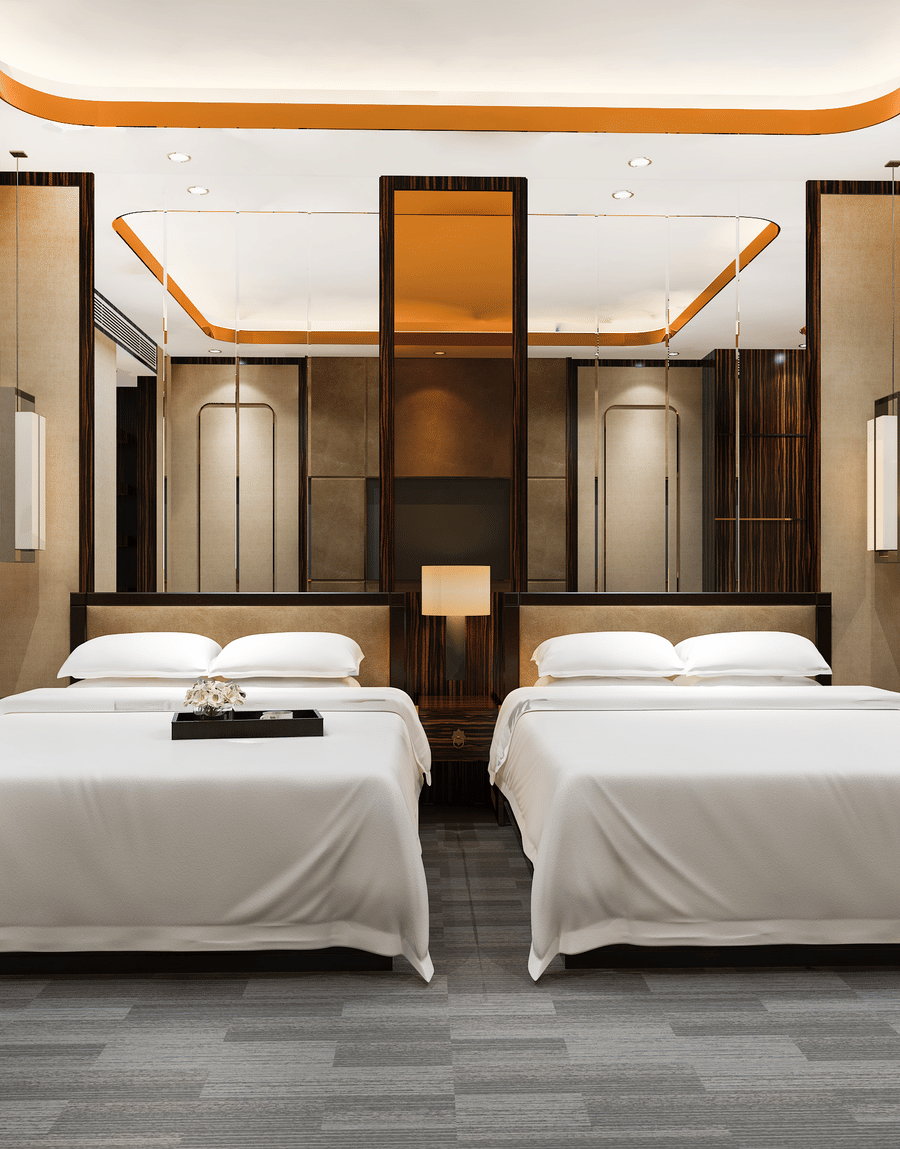 A spacious room featuring a twin bed, elegant lighting, wooden panelling, and contemporary interior design.