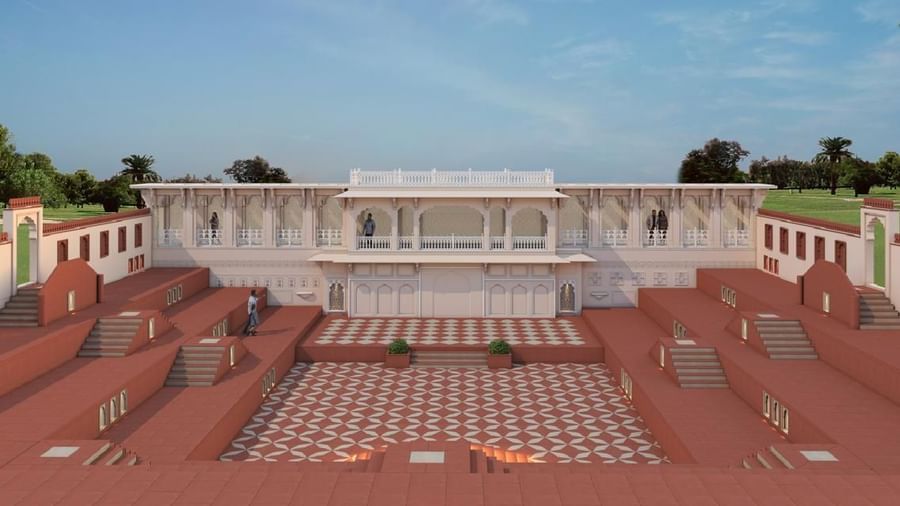 Umaid Palace courtyard with patterned floor, red steps, and central building.
