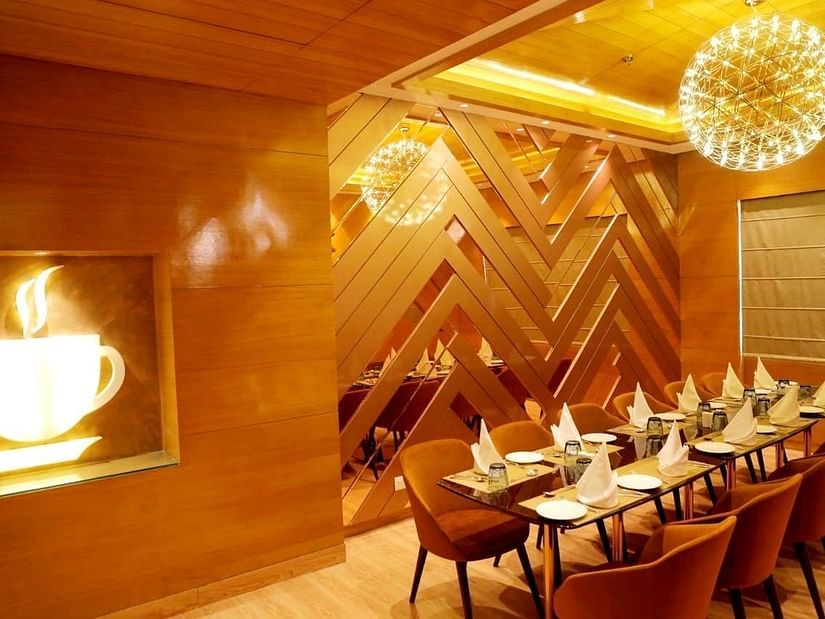 comfortable seating space at a restaurant in vrindavan