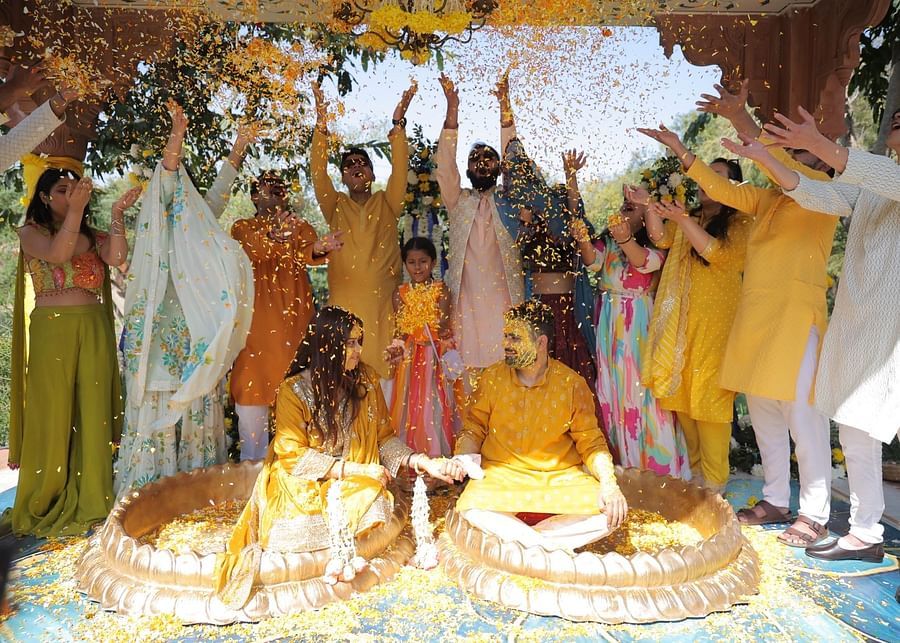 Haldi celebration of Advait & Akshay with vibrant colors and family moments at Umaid Palace.