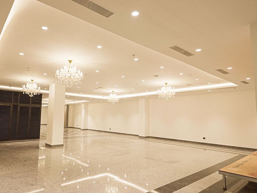 interior of Prangan banquet hall at Triptam Hotel, Vrindavan