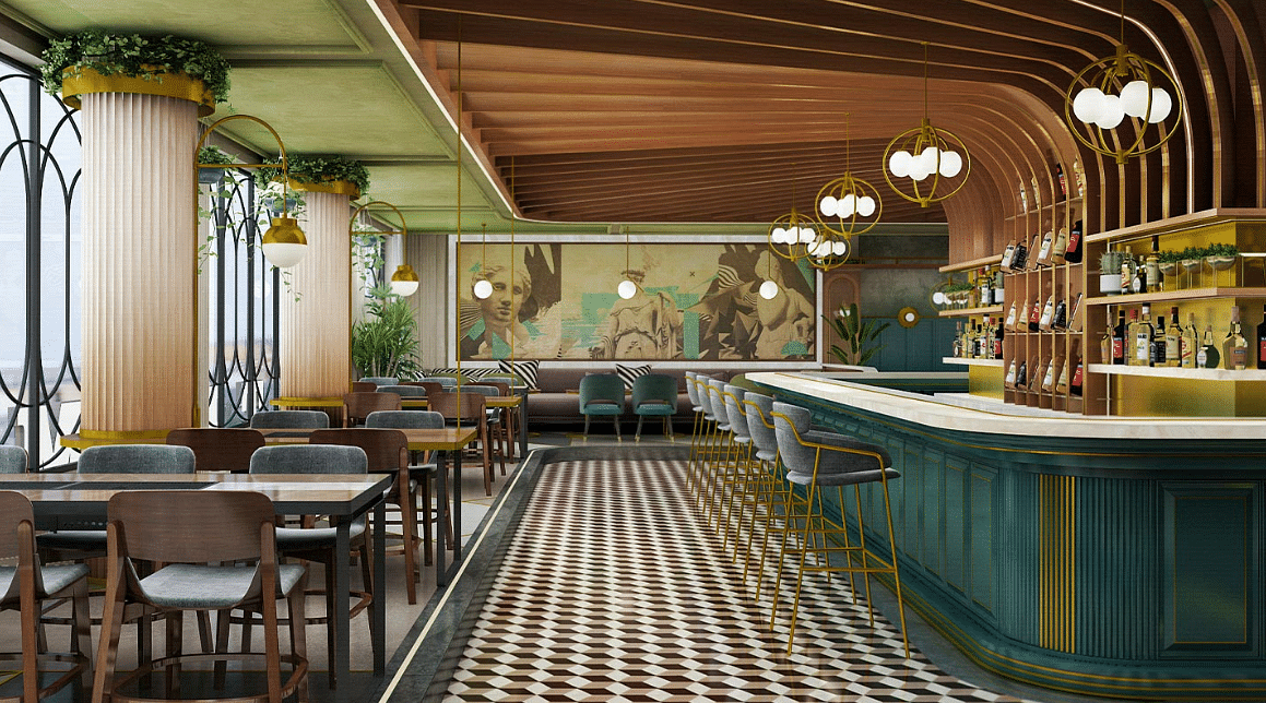 An image of wooden furnished interiors featuring dining tables and chairs and a bar on one side at Themis Barbeque House in Panipat