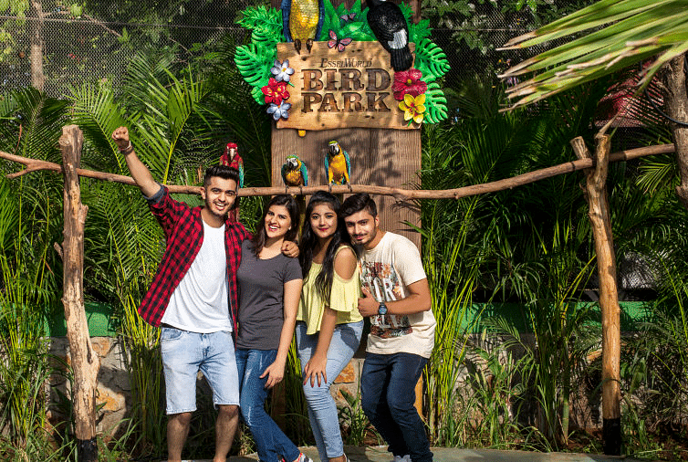 4 people posing in front of the Bird Park logo with a topical background