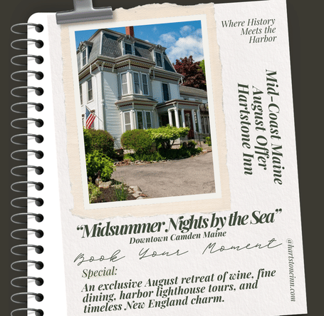 Promotional graphic featuring a photograph of a white Victorian-style building with text about the Midsummer Nights by the Sea August offer.