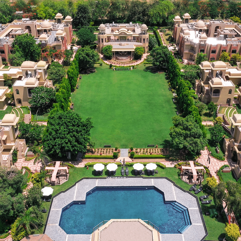 drone view of luxury resort near delhi