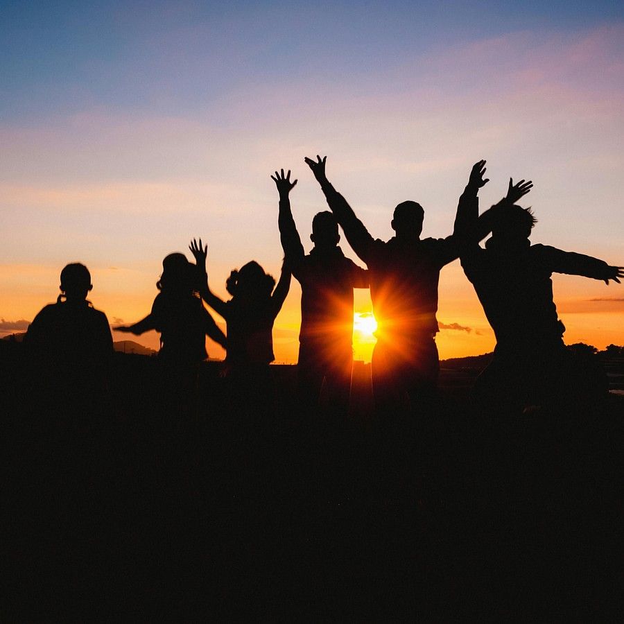 Silhouette of a group of people with raised arms, celebrating or posing against a vibrant sunset, creating a joyful atmosphere against a colorful sky.