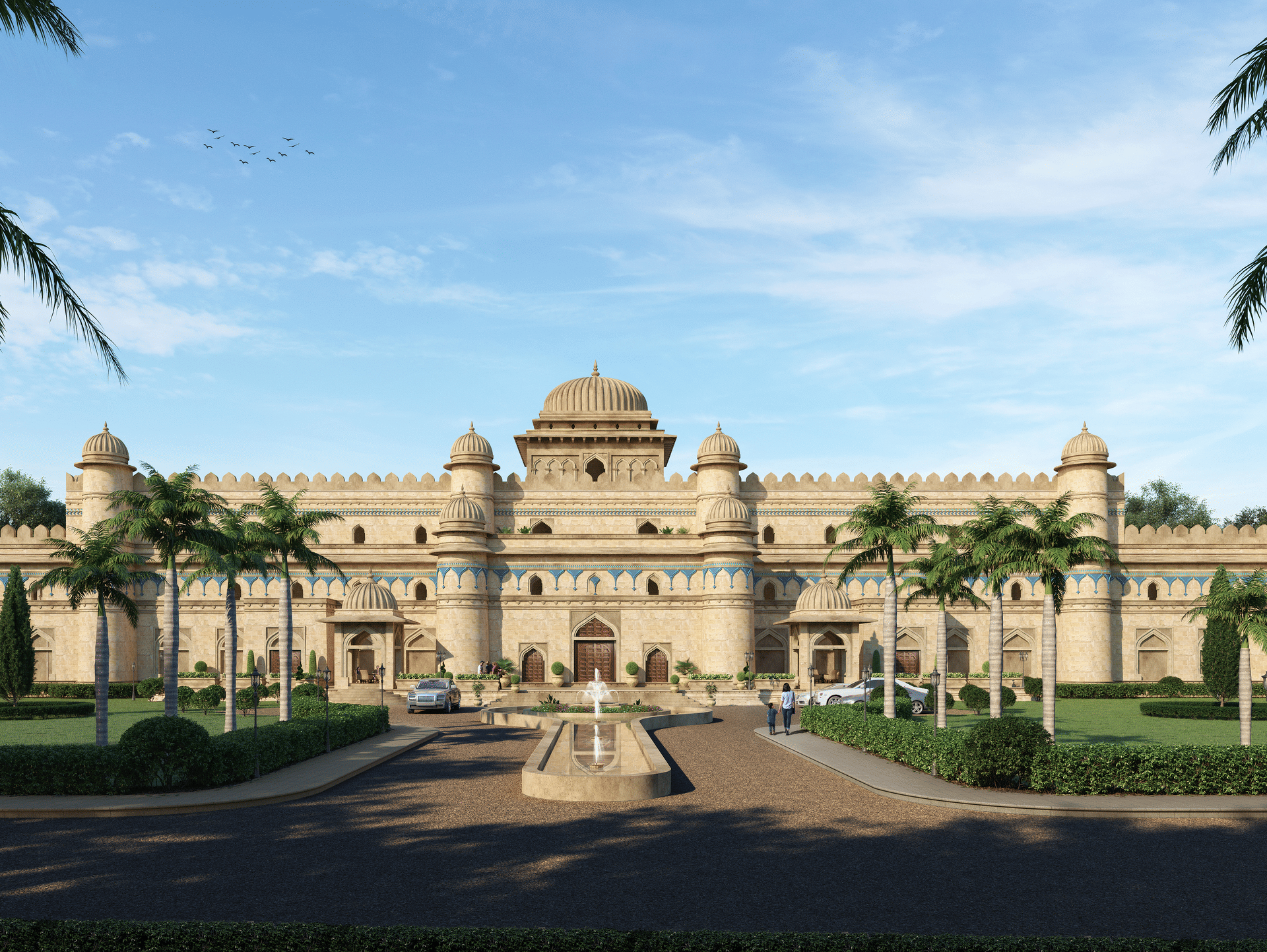 Evolve Back Mandu resort exterior, Indo-Islamic sandstone architecture with arched doorways and palm-lined driveway