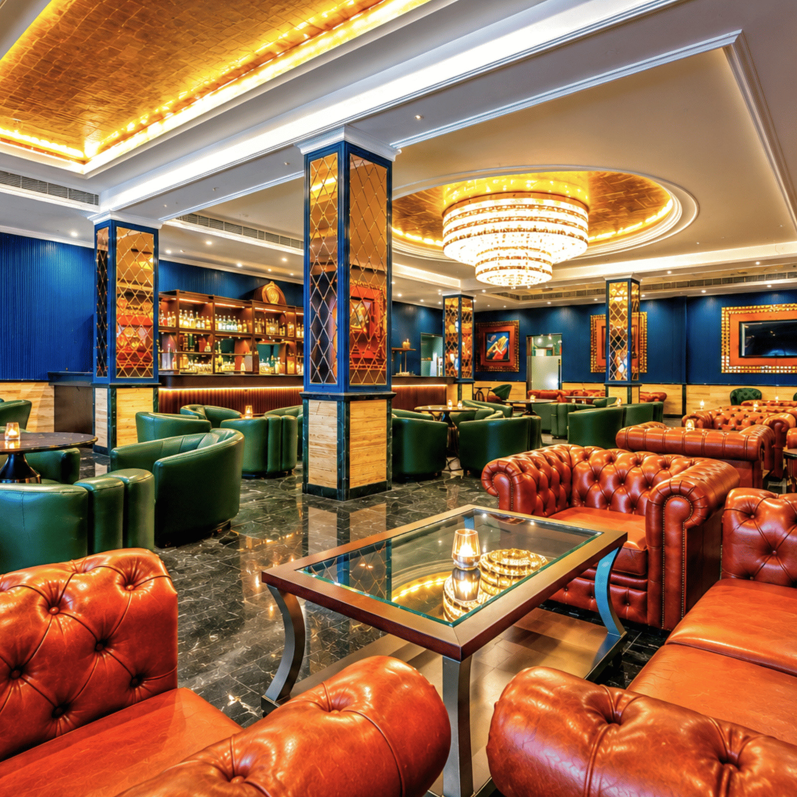 Baron & Baroness Bar with leather seating and vibrant décor at Mayfair Oasis Resort, Jharsuguda