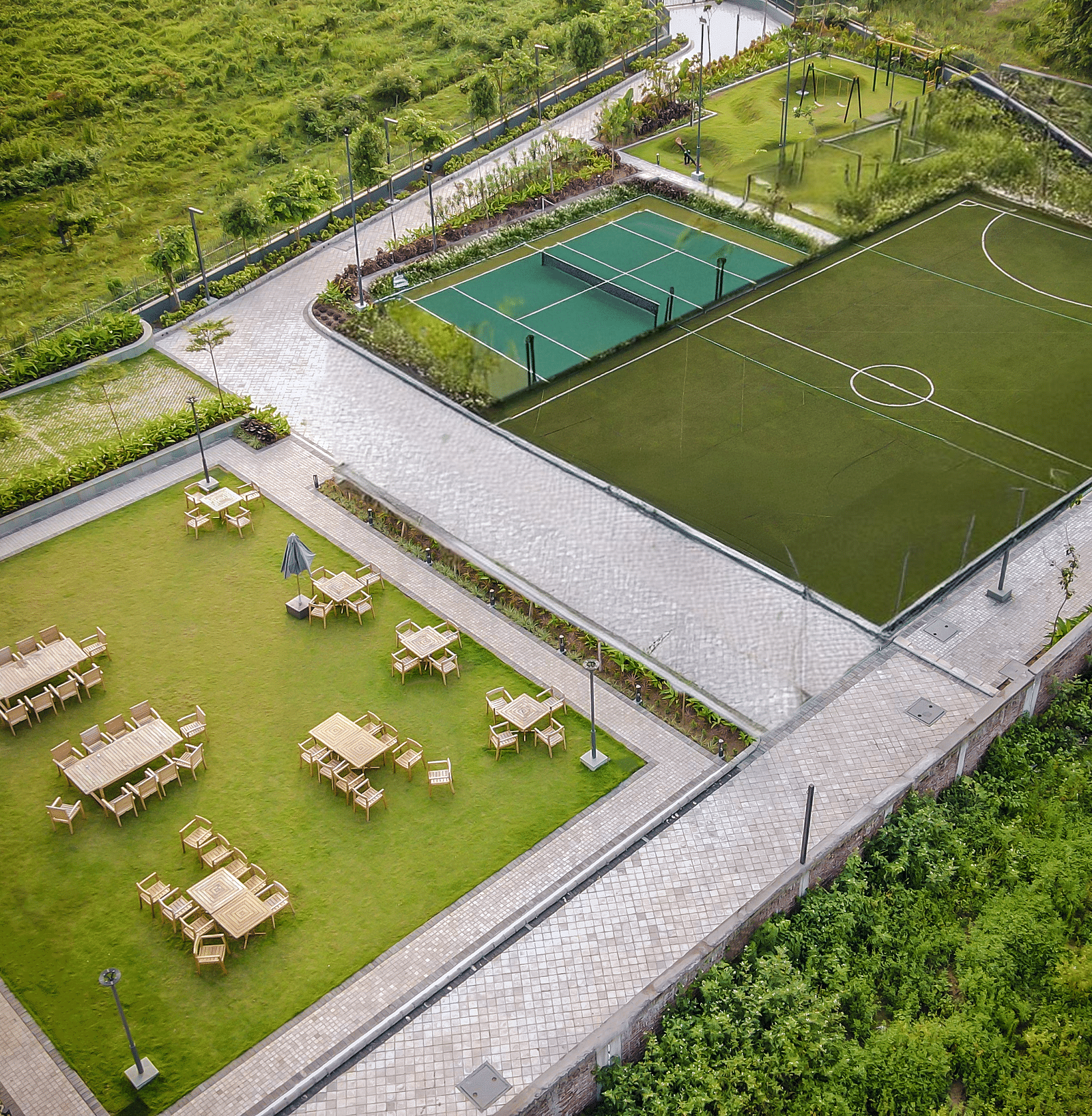 Aerial view of the futsal field at Singalila Club during the day
