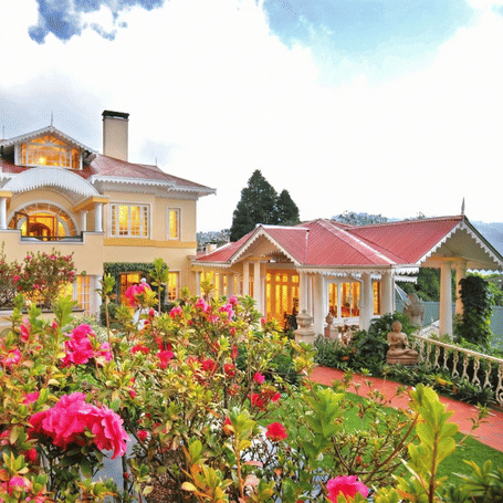 Charming hillside view of MAYFAIR Darjeeling’s colonial-style cottages with vibrant pink flowers in the foreground.