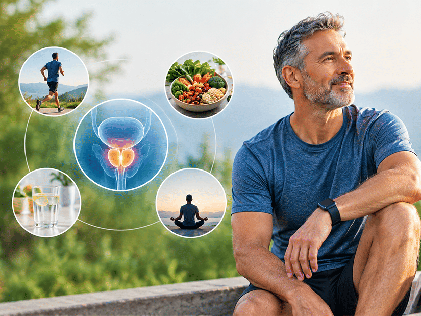 A smiling grey-haired man in a blue T-shirt sitting outdoors beside icons of running, healthy food, water and meditation