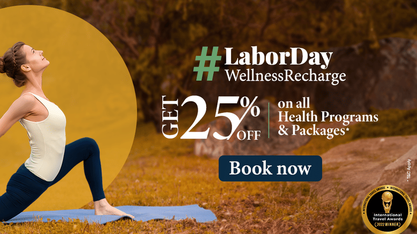 Labor Day Web Banner at YO1 Longevity and Health Resorts featuring a woman stretching by the lake on a yoga mat