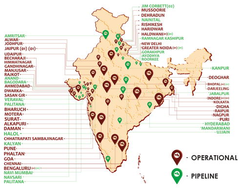 Indian Map with all the locations pinned for Pride Hotel Groups.