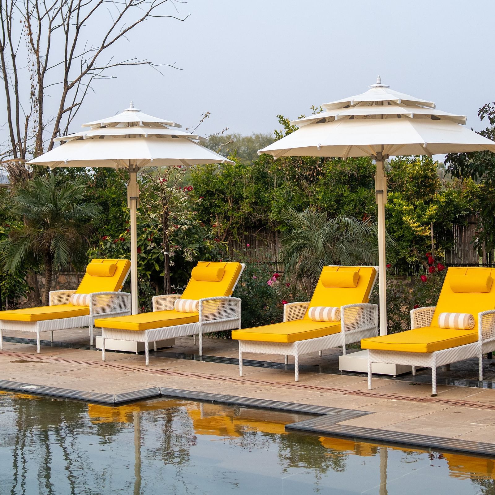 A refreshing swimming pool at Aamaghati Jungle Retreat Ranthambore with yellow sun loungers and white umbrellas.