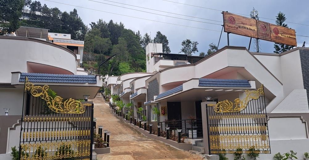 Facade of WOW Naturefull Resorts featuring several villas along with a pathway surrounded by lush greenery.