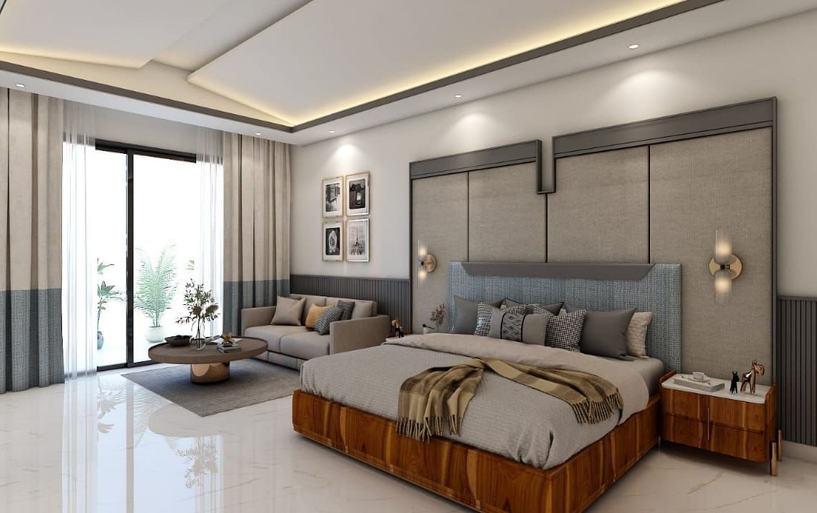 A beautiful room with ample of natural light coming from the huge french windows featuring a double bed in the room. - Namaste Corbett