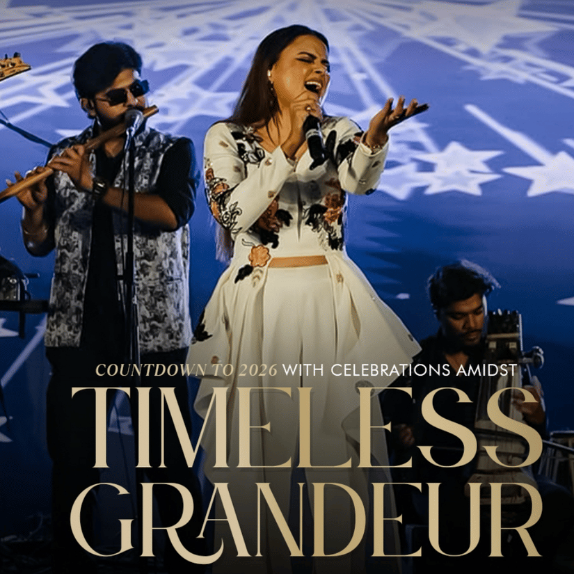 A band with one lead singer at the stage performing live Heritage Village Resorts and Spa, Manesar celebrating timeless grandeur, a countdown to New Year 2026.