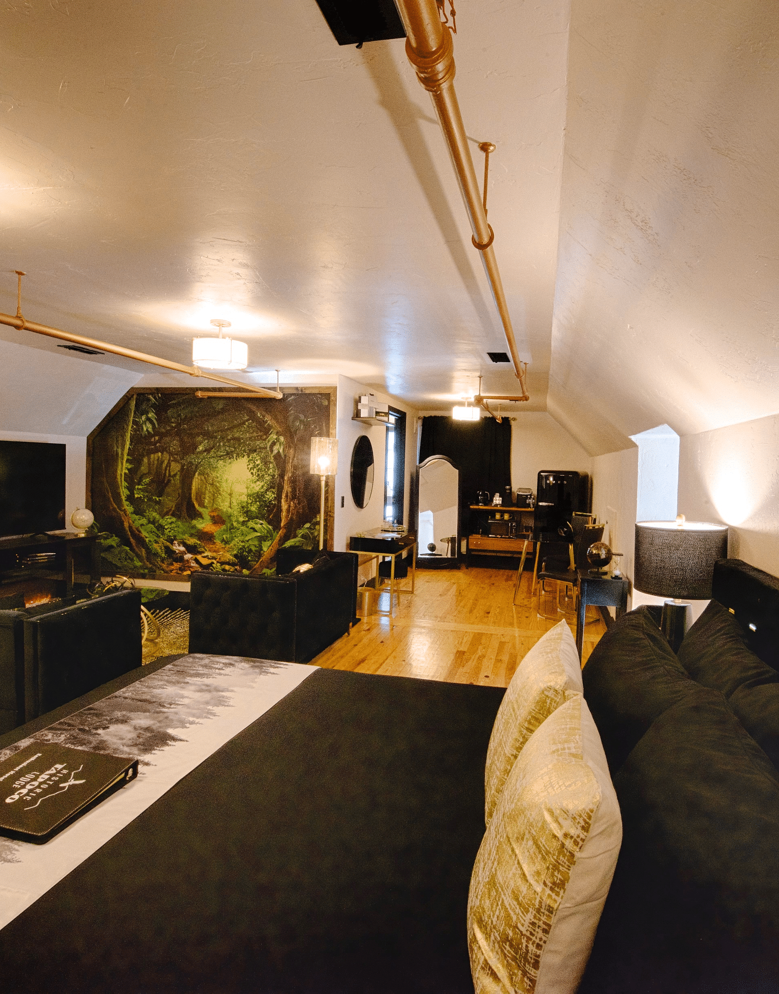a suite with black linen spread over the double bed with a common seating area and a full screen television - Historic Tapoco Lodge