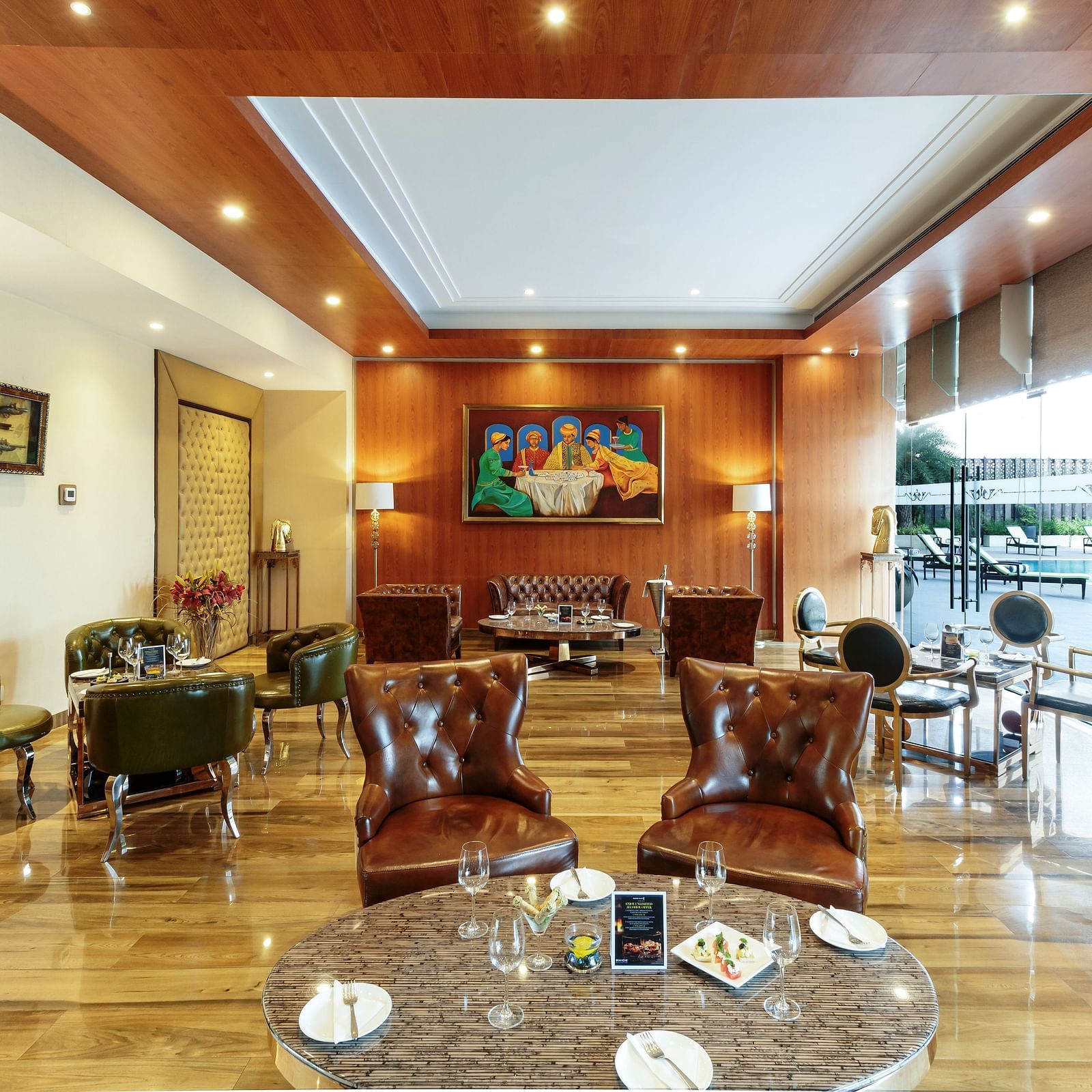Various kind of seating in the bar at Golden Suites, Gurgaon