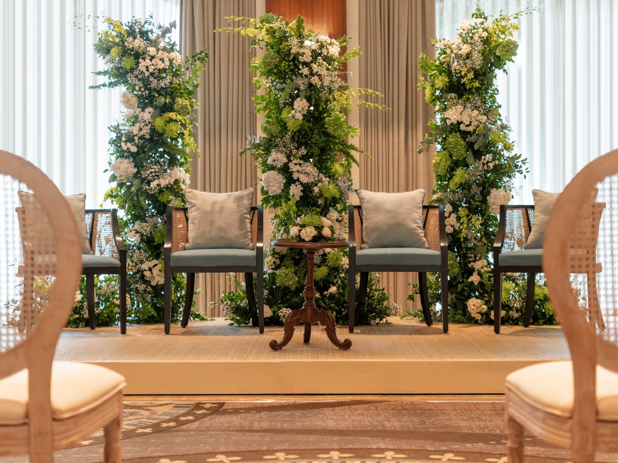 Indoor seating area with two chairs and plants near large windows at The Raintree, St. Mary’s Road.