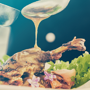 image of food on a plate being glazed by a dressing