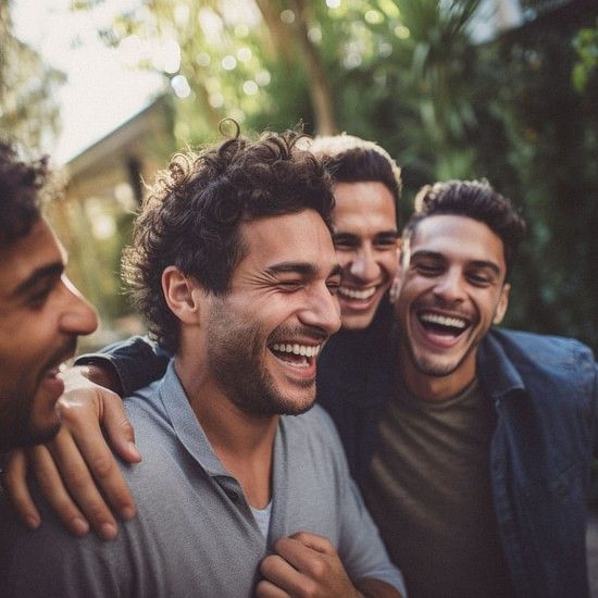 Four men laughing in a very joyful mood, in the middle of a dense forest.