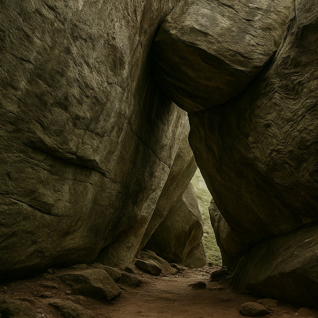 Narrow rocky passage inside Edakkal Cave with massive boulders and natural light filtering through the opening.
