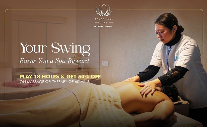  Your Swing Spa Offer. A spa offer banner features a person receiving a back massage. The promotion states: Play 18 holes and get 50 percent off on a 60 minute massage or therapy.
