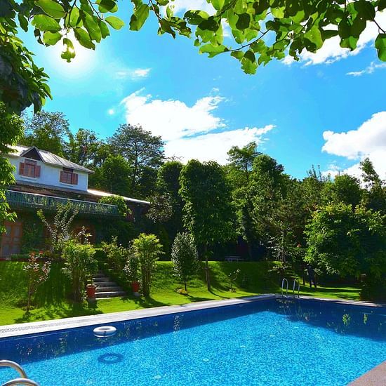 A large swimming pool surrounded by lush greenery and a house in the background.