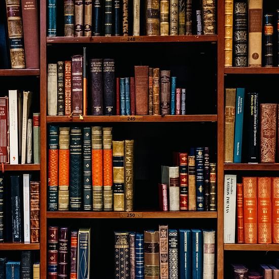 Multiple books stacked on shelves in a library