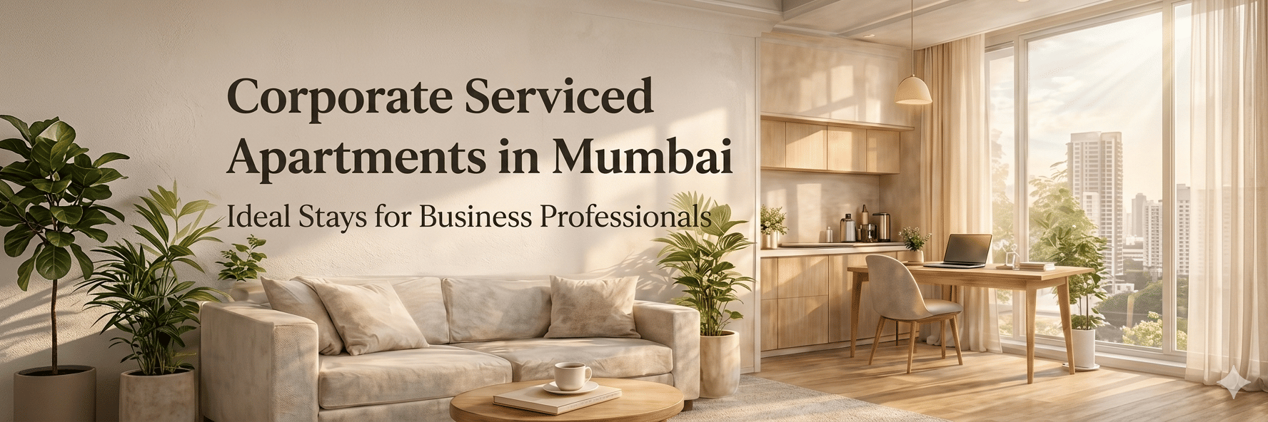 A creative featuring a sunlit apartment with a desk and sofa, and the text 'Corporate Serviced Apartments in Mumbai - Ideal Stays for Business Professionals'.