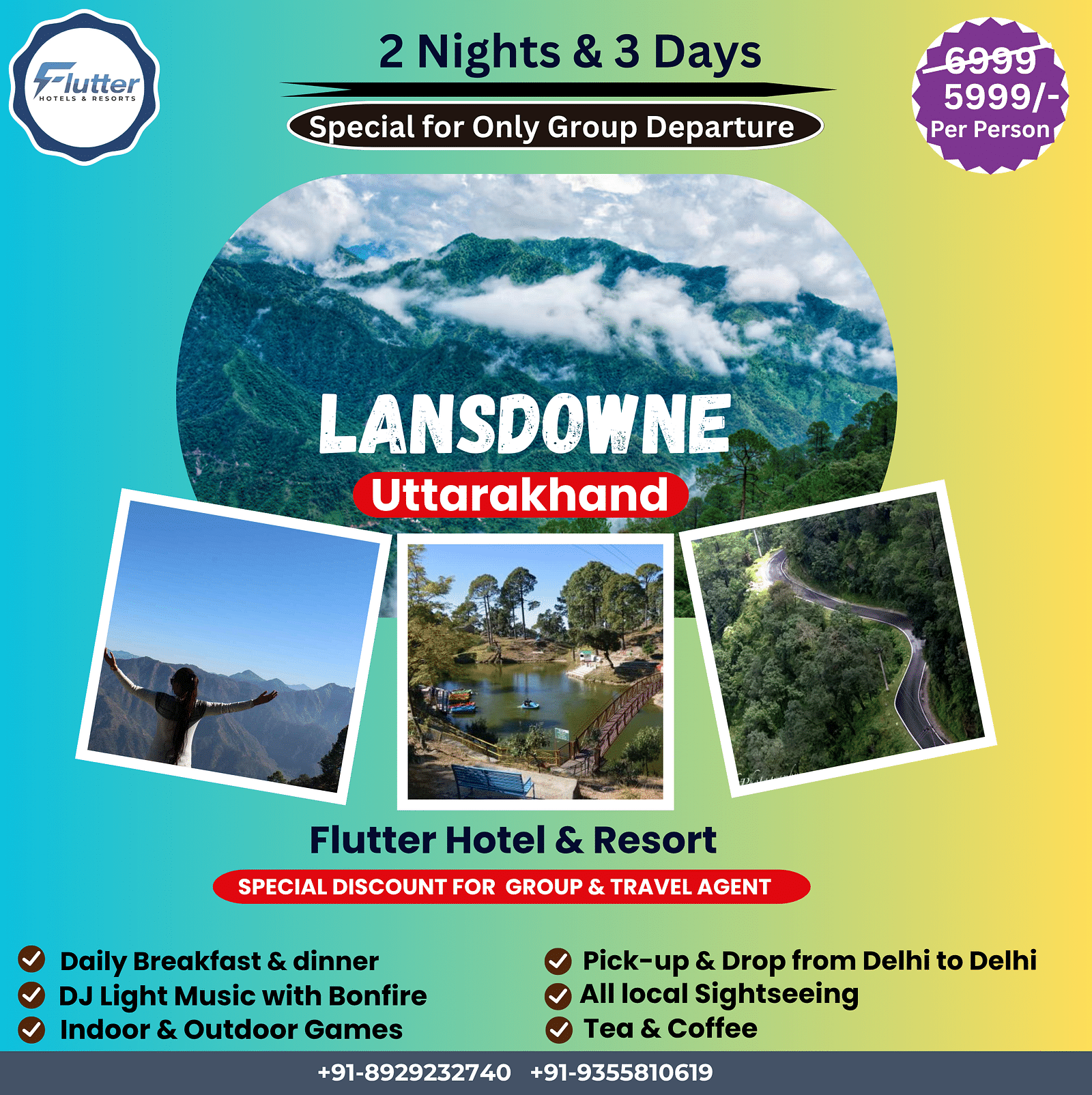 Lansdowne 2 nights 3 days group tour package by Flutter Hotel & Resort in Uttarakhand with special discounted rates.