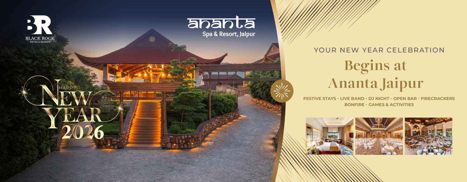 New Year 2026 artwork for Ananta Spa & Resort Jaipur with the lit walkway, gold typography, and celebration details.