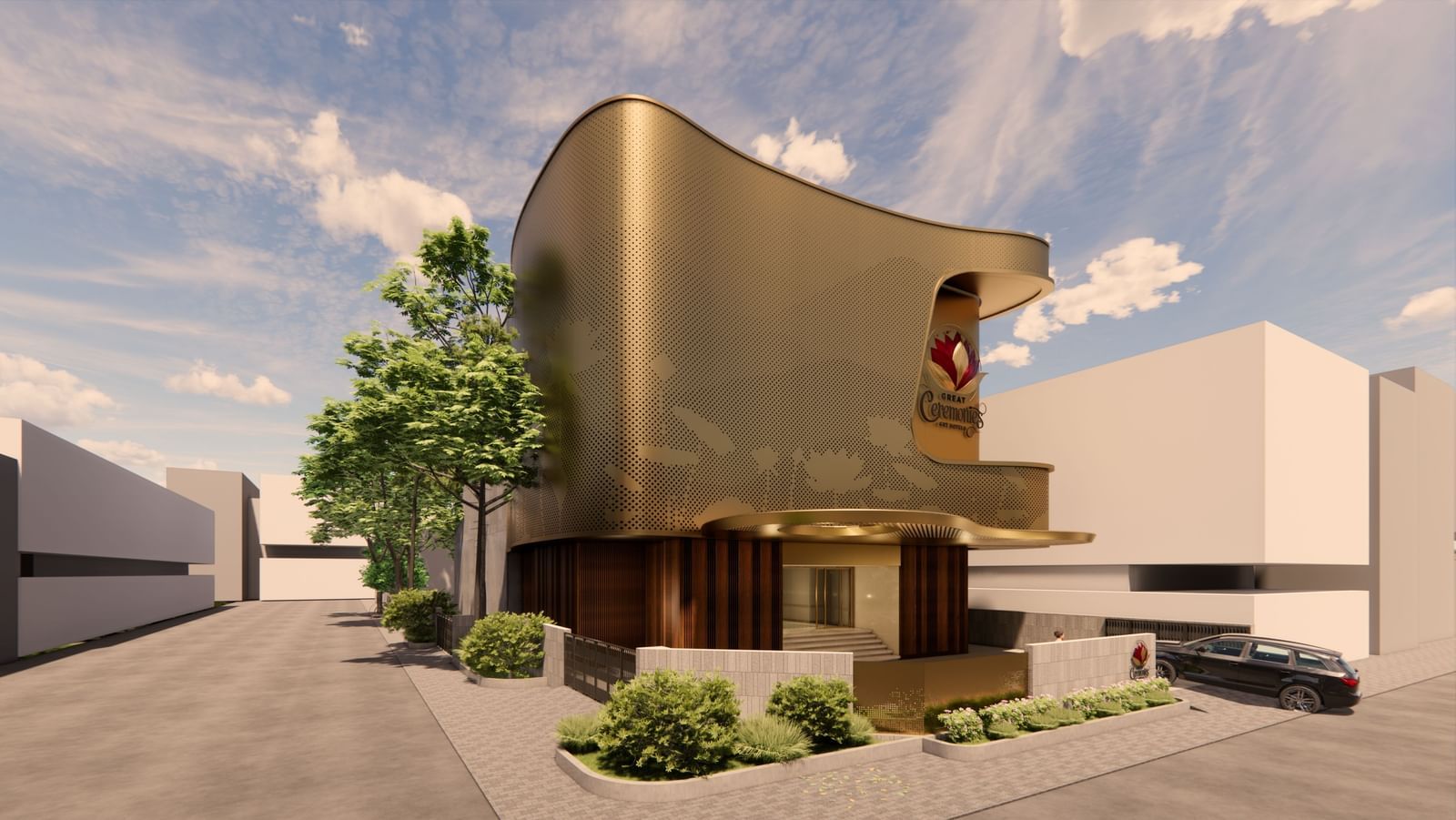 Modern golden façade of GReaT Ceremonies by GRT Hotels in Chennai, showcasing its unique architecture and elegant design for luxury events and celebrations.