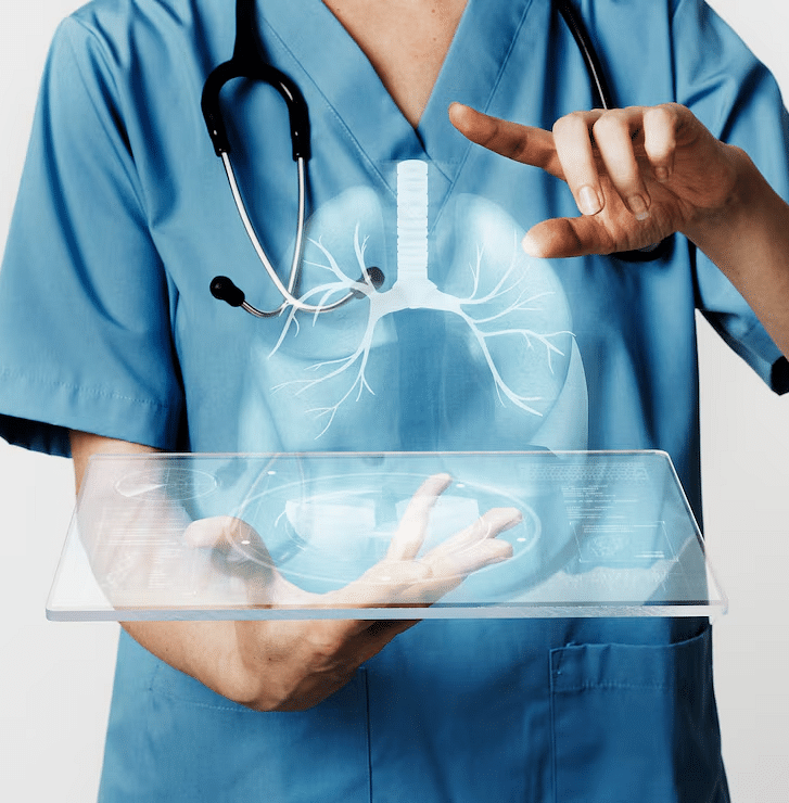 A view of a doctor holding a glass plate with a hologram of lungs on it