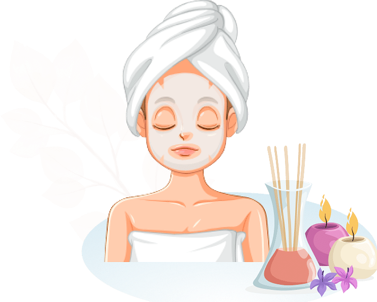 An illustration of a woman with a towel on her head, relaxing with spa essentials like candles, flowers, and oils.