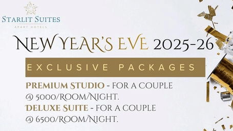 Promotional poster for Starlit Suites New Year’s Eve 2025–26 packages for couples, featuring Premium Studio & Deluxe Suite, welcome drinks, DJ, fireworks, brunch, camel rides, and festive gold-silver decor.