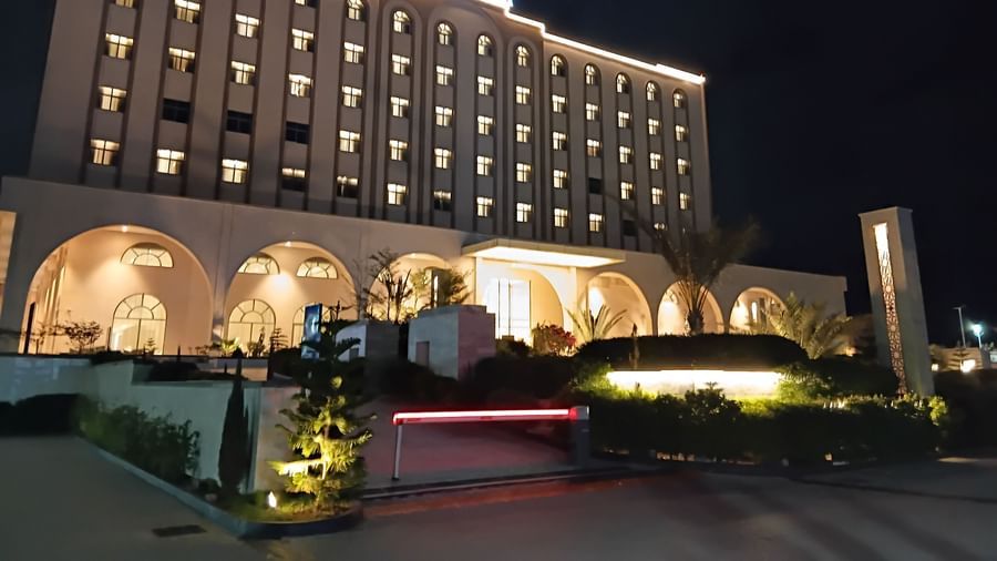 Night-lit front facade of a hotel captured from the street level - Serene Sarovar Premiere Hargeisa
