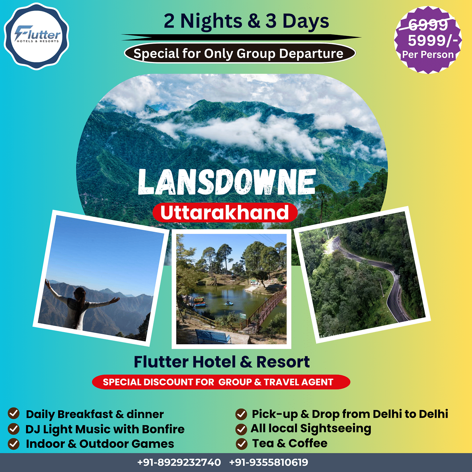 Lansdowne 2 nights 3 days group tour package by Flutter Hotel & Resort in Uttarakhand with special discounted rates.