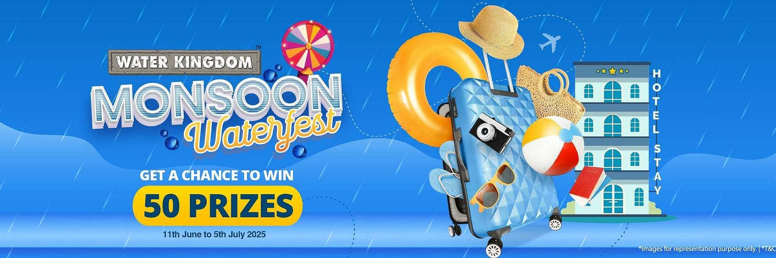Water Kingdom Monsoon Waterfest banner with mascot and announcement of 50 prizes.