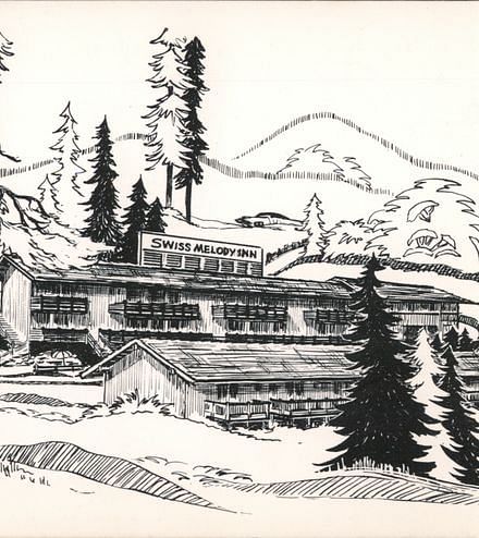 A black and white pencil illustration of Narrow Gauge Inn.